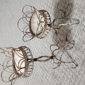 Vintage-Style French Metal Wire Chippy Cream Shabby Chic Plant Stands Set Of Two